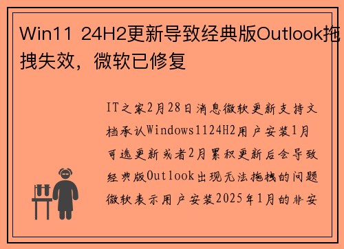 Win11 24H2更新导致经典版Outlook拖拽失效，微软已修复