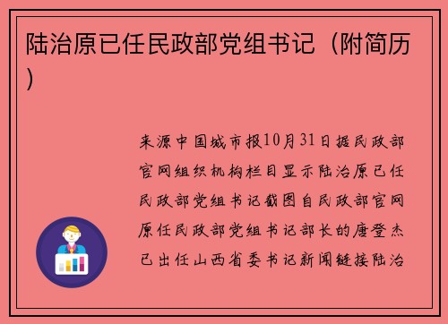 陆治原已任民政部党组书记（附简历）