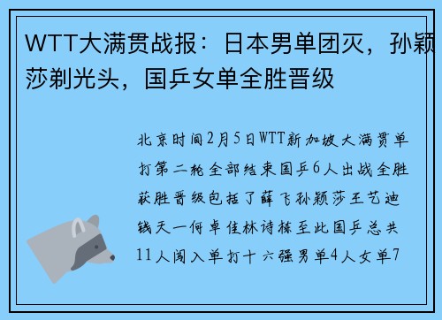 WTT大满贯战报：日本男单团灭，孙颖莎剃光头，国乒女单全胜晋级