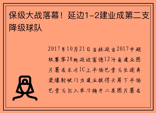 保级大战落幕！延边1-2建业成第二支降级球队