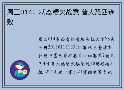 周三014：状态糟欠战意 普大恐四连败