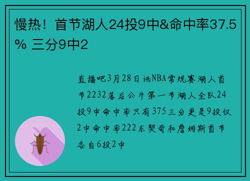 慢热！首节湖人24投9中&命中率37.5% 三分9中2