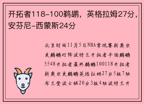 开拓者118-100鹈鹕，英格拉姆27分，安芬尼-西蒙斯24分