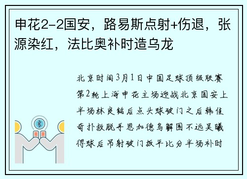 申花2-2国安，路易斯点射+伤退，张源染红，法比奥补时造乌龙